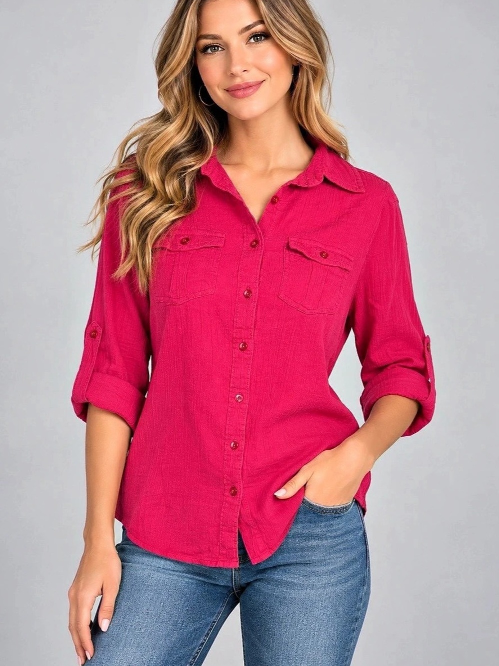 S John's Bay Cotton Button Down Shirt in Pink Like New